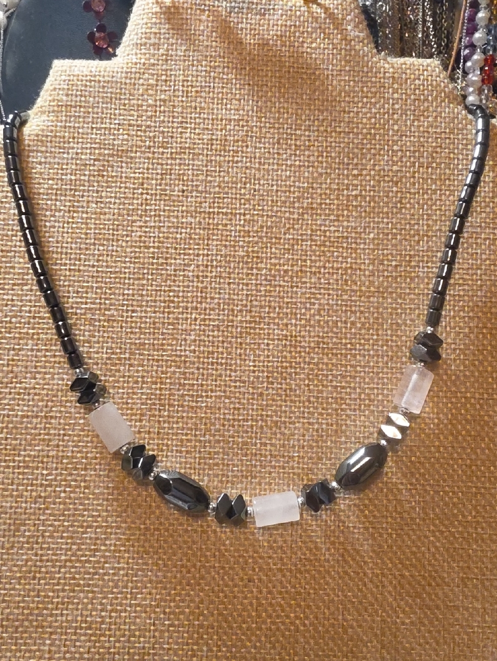 Hematite and Rose Quartz Bead Necklace - Polished Black and Pale Pink